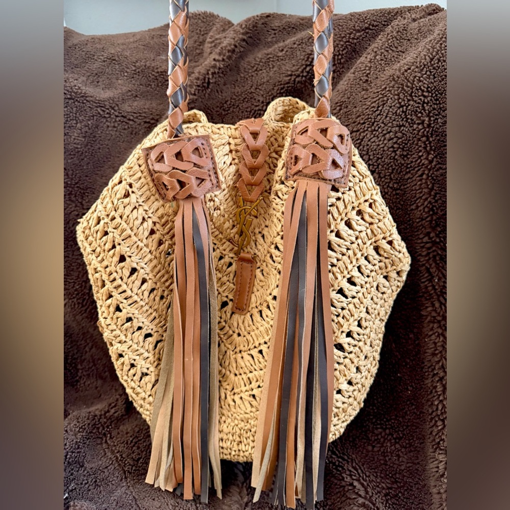 Upcycled YSL raffia tote. Custom Woven Bag with Real Leather Braided details. - Picture 3 of 15